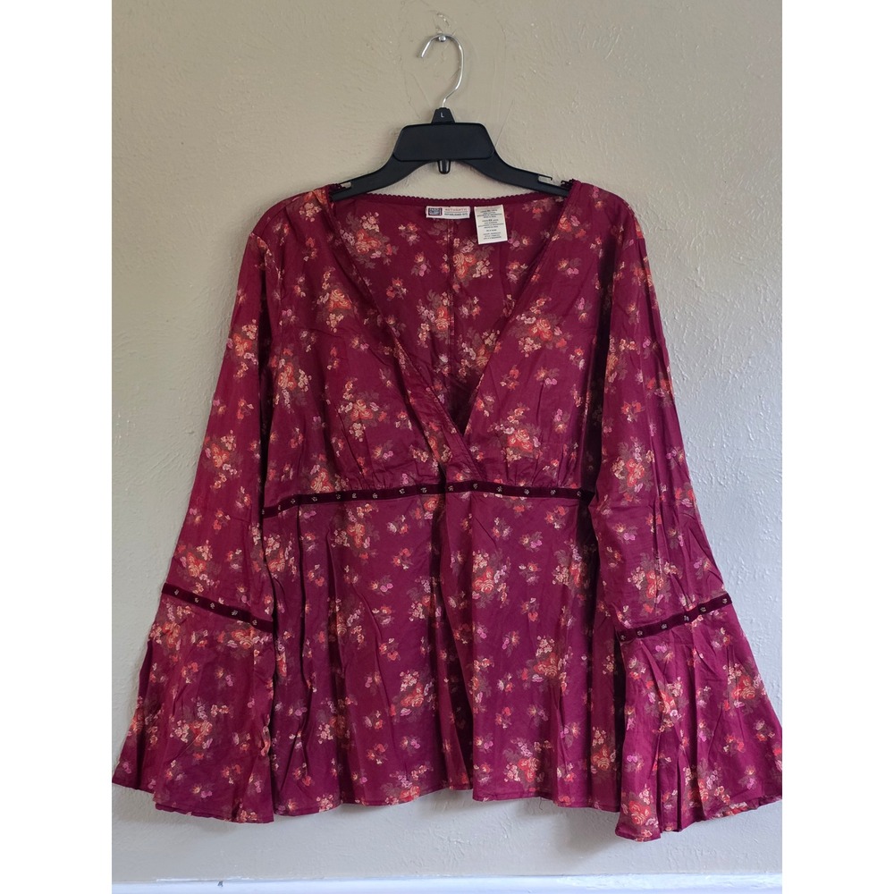Faded Glory Burgundy Floral Bell Sleeve Babydoll Blouse Velvet Trim XL V neck